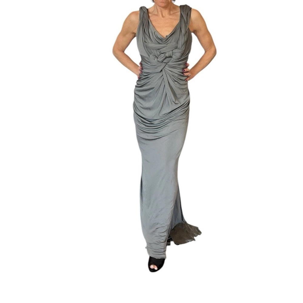 WOMEN'S DONNA KARAN NEW YORK GRAY EVENING LONG GOWN DRESS SLEEVELESS KNOTTED S